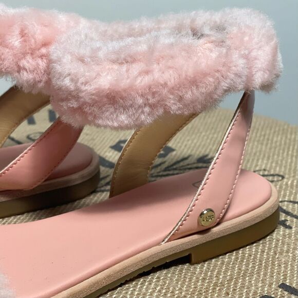 UGG Pink Fluff Springs Patent Ankle Strap fuzzy Faux Fur Open Toe Sandals Size 6 - Picture 3 of 9